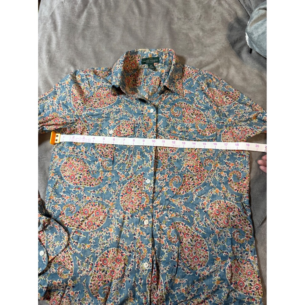 RALPH LAUREN 90's Y2K Size Small Petite Paisley Blue Pocket Shirt Vintage Collar - Picture 4 of 7